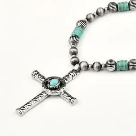 Western Turquoise Beaded Statement Cross Pendant Necklace - 3 Piece - Picture 7 of 7
